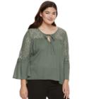 Juniors' Plus Size Mudd&reg; Lace Sleeve Peasant Top, Teens, Size: 1xl, Med Green