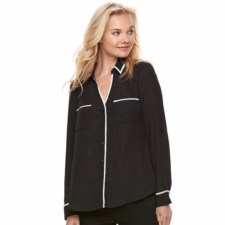 Juniors' Candie's&reg; Piped Roll-tab Blouse, Teens, Size: Small, Black
