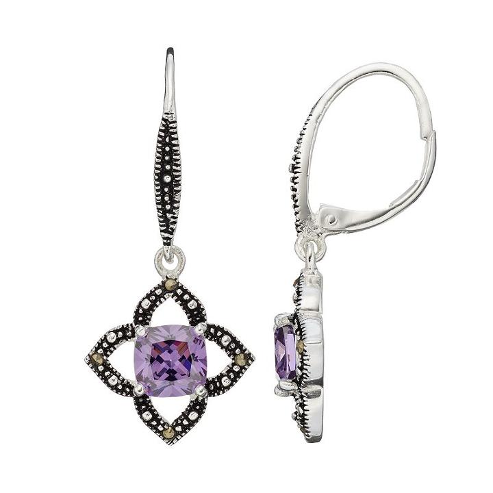 Silver Luxuries Cubic Zirconia & Marcasite Openwork Star Drop Earrings, Women's, Purple