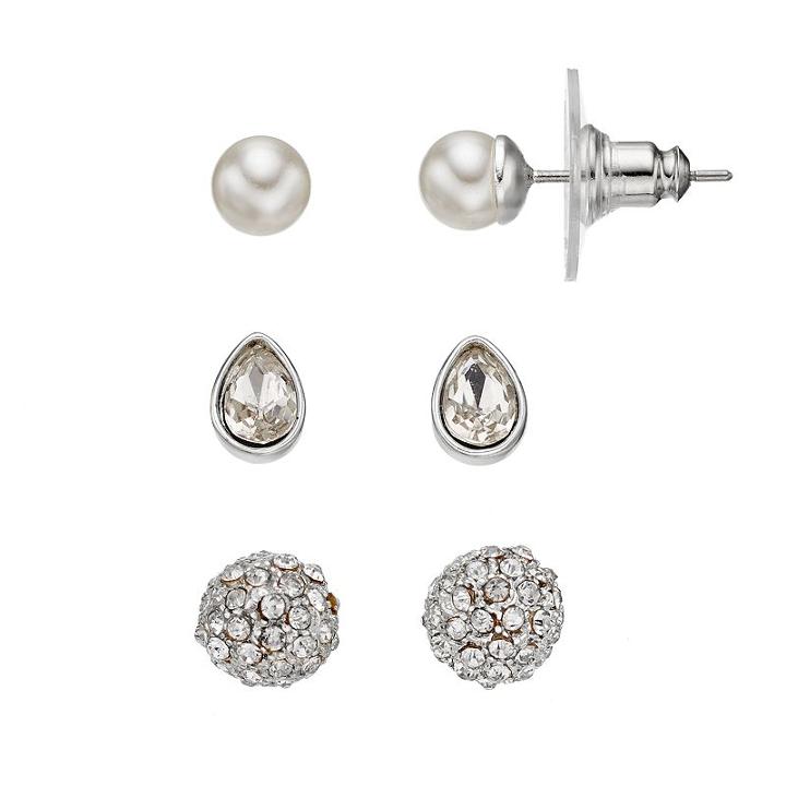 Napier Simulated Pearl, Fireball & Teardrop Nickel Free Stud Earring Set, Women's, White