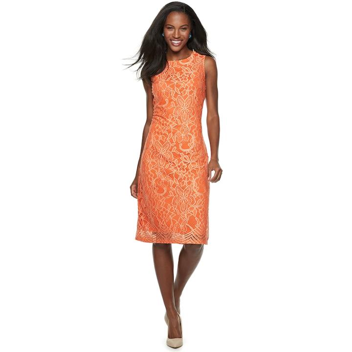 Women's Sharagano Two-tone Lace Midi Dress, Size: 16, Orange