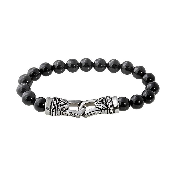 Stainless Steel Onyx Bead Stretch Bracelet - Men, Size: 8.5, Black