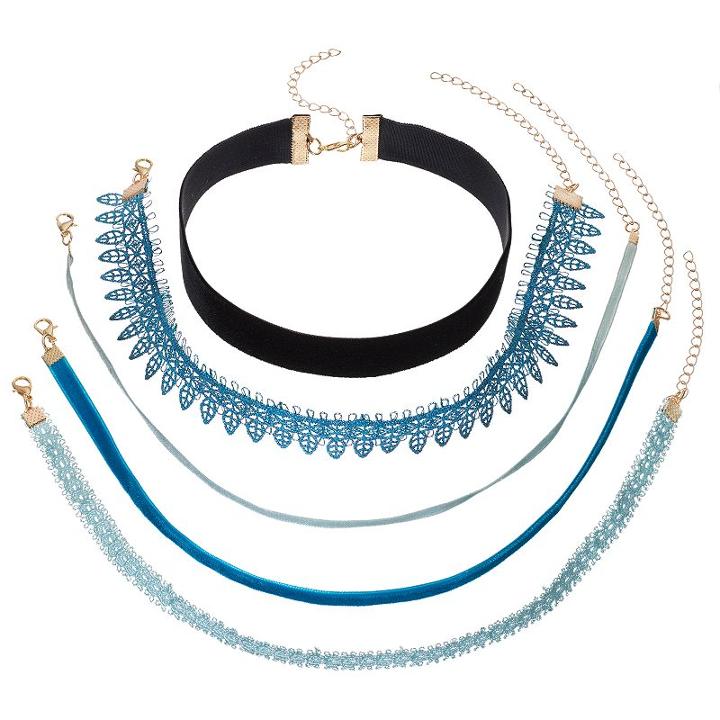 Blue Lace & Velvet Choker Necklace Set, Women's