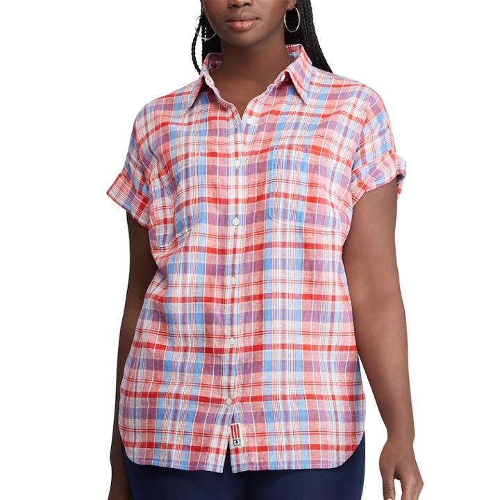 Plus Size Chaps Button Front Plaid Top, Women's, Size: 2xl, Red