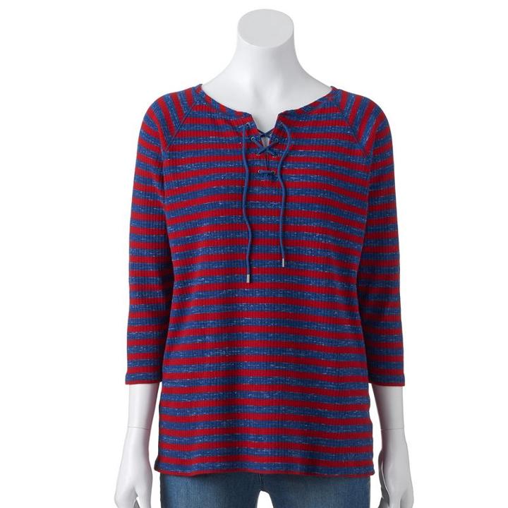 Women's Chaps Striped Lace-up Top, Size: Small, Blue