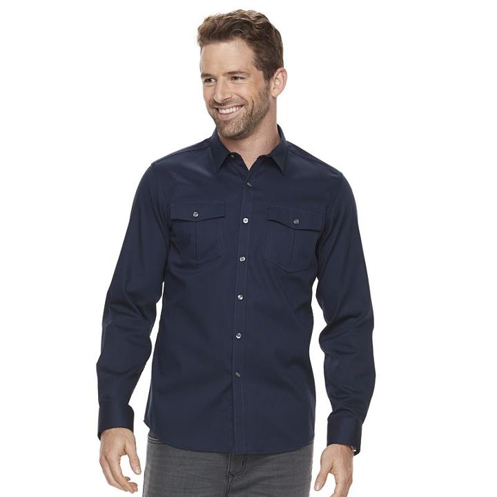 Big & Tall Men's Marc Anthony Slim-fit Texture-striped Military Button-down Shirt, Size: 3xl Tall, Blue