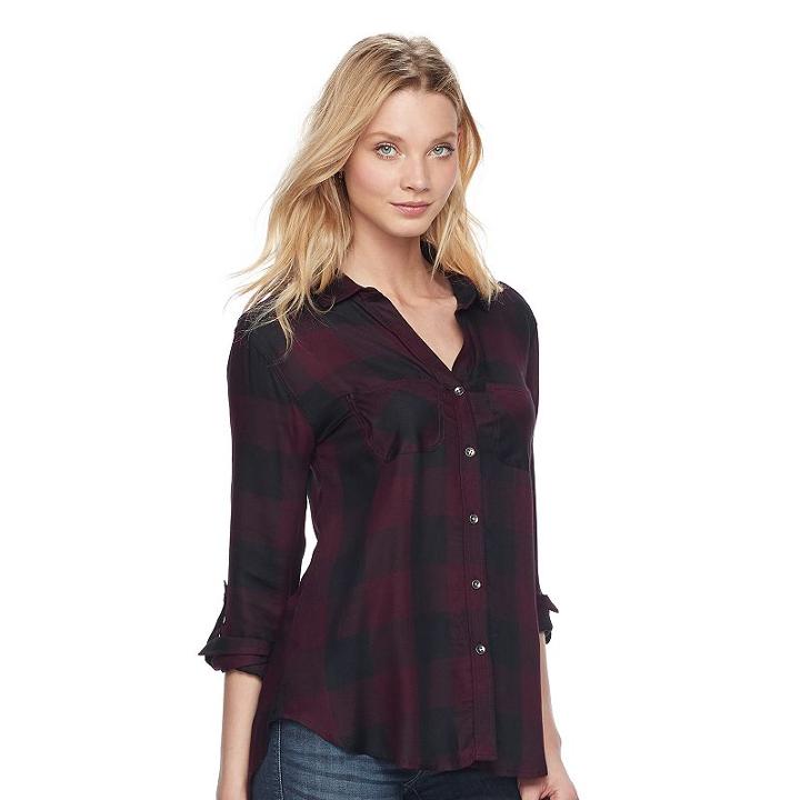 Women's Rock & Republic&reg; High-low Plaid Shirt, Size: Medium, Red
