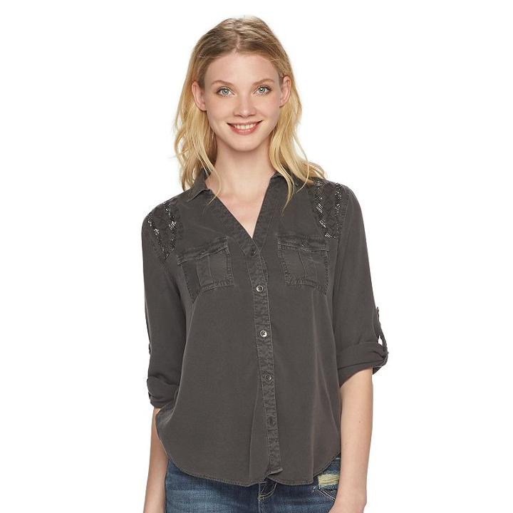 Women's Rock & Republic&reg; Embellished Roll-cuff Shirt, Size: Large, Blue
