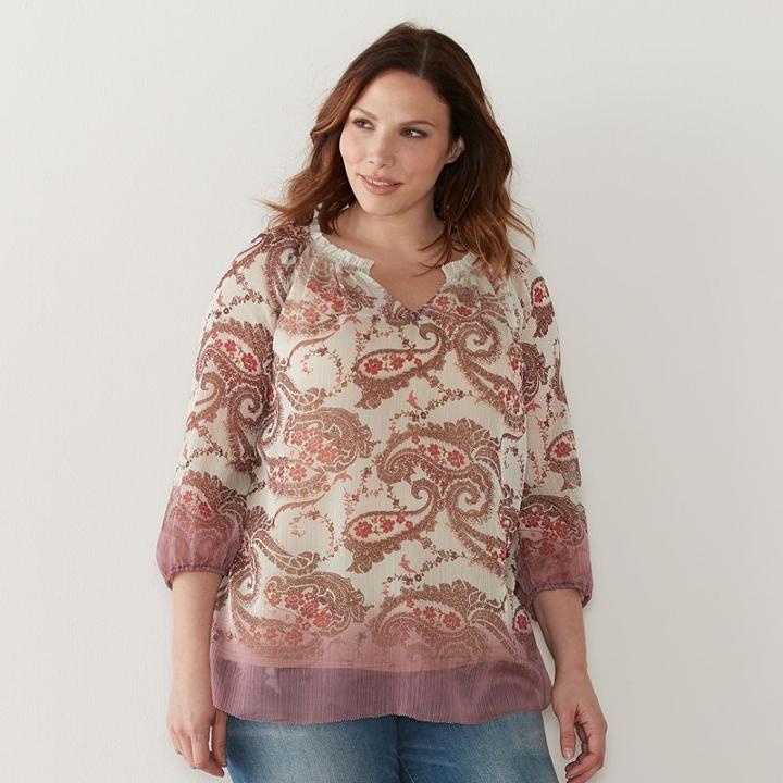 Plus Size Sonoma Goods For Life&trade; Printed Chiffon Popover Peasant Top, Women's, Size: 3xl, Med Pink
