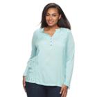 Plus Size Sonoma Goods For Life&trade; Embroidered Henley Peasant Top, Women's, Size: 1xl, Light Blue