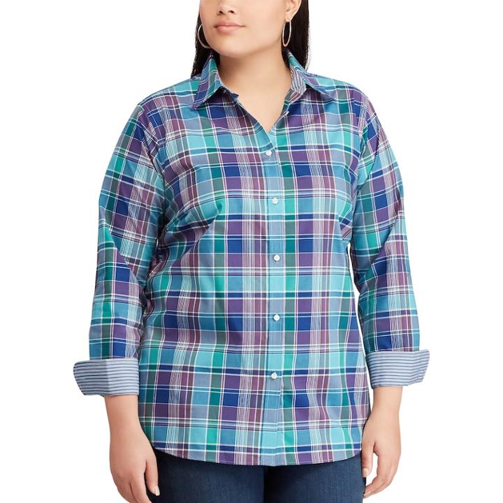 Plus Size Chaps No Iron Printed Sateen Shirt, Women's, Size: 1xl, Blue