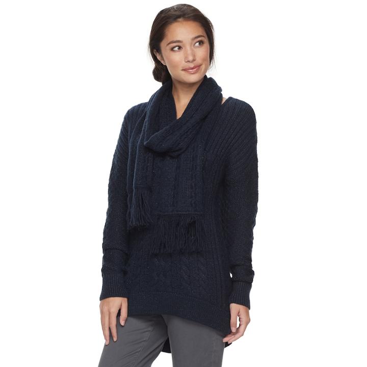 Petite Sonoma Goods For Life&trade; Cable-knit Scarf & Sweater, Women's, Size: Xs Petite, Blue (navy)