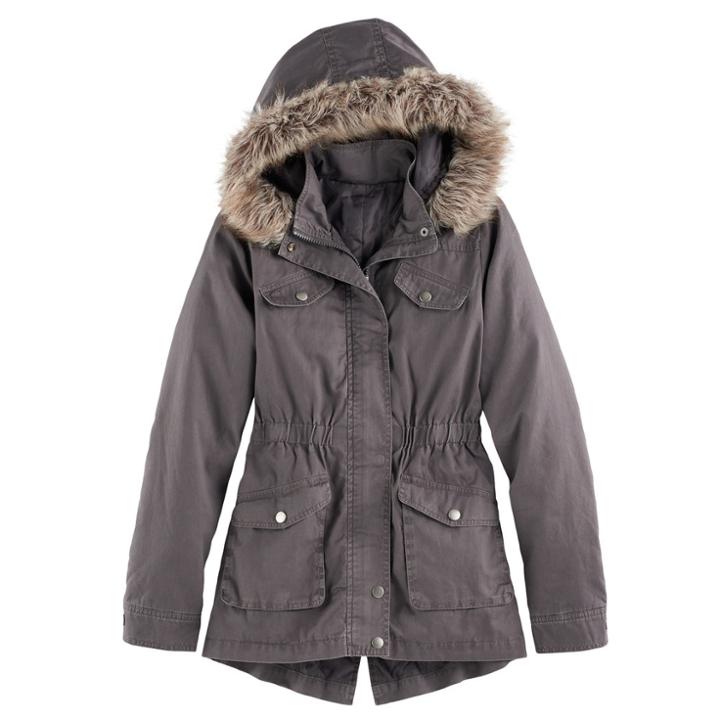 Girls 7-16 So&reg; Midweight Faux-fur Trim Anorak Jacket, Size: 14, Grey (charcoal)