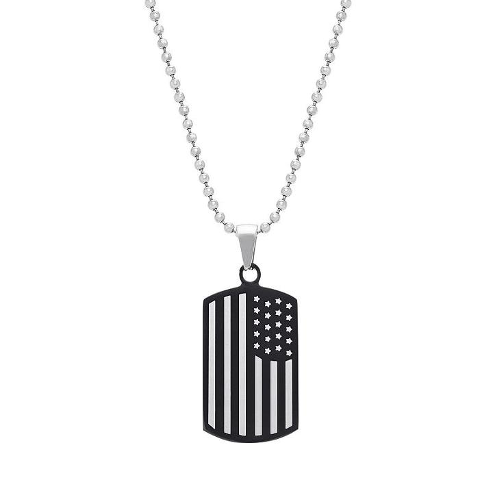 1913 Men's Two Tone Stainless Steel American Flag Dog Tag Necklace, White