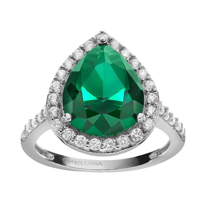 Sophie Miller Simulated Emerald And Cubic Zirconia Sterling Silver Halo Ring, Women's, Size: 6, Green