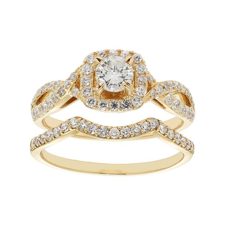 14k Gold 1 Carat T.w. Igl Certified Diamond Tiered Halo Engagement Ring Set, Women's, Size: 8.50, White