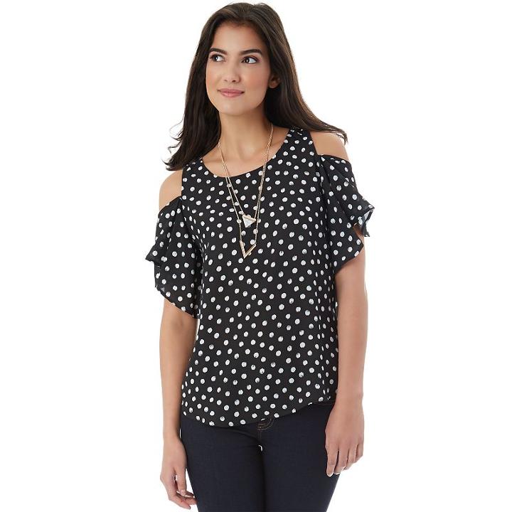 Juniors' Iz Byer California Flutter Cold Shoulder Top, Teens, Size: Medium, Black Dot