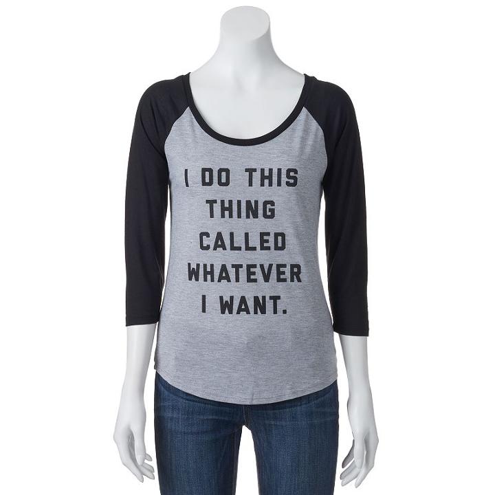 Juniors' Whatever I Want Raglan Graphic Tee, Girl's, Size: Large, Grey