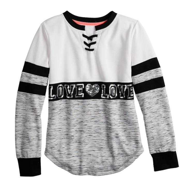 Girls 7-16 & Plus Size Miss Chievous Lace Up Sequined Graphic Sweatshirt, Size: L Plus, Black White