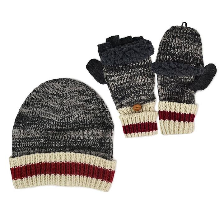 Muk Luks Sock-striped Marled Beanie & Convertible Flip-top Mittens Set - Men, Grey