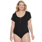 Juniors' Plus Size Candie's&reg; Ribbed Zip Front Bodysuit, Girl's, Size: 2xl, Black