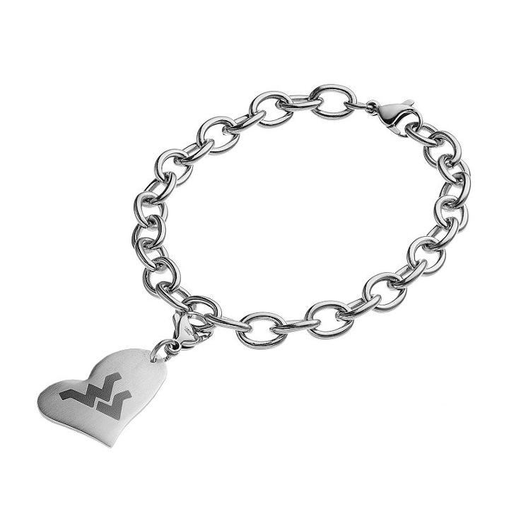 Fiora Stainless Steel West Virginia Mountaineers Heart Charm Bracelet, Women's, Size: 8, Grey