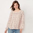 Women's Lc Lauren Conrad Love, Lauren Shirred Peasant Top, Size: Large, Pink