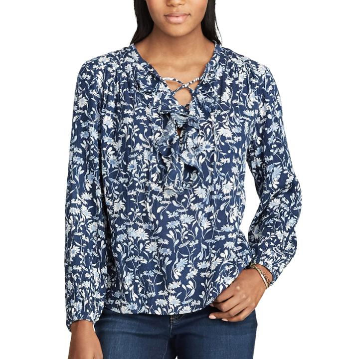Women's Chaps Floral Ruffled Peasant Top, Size: Medium, Blue