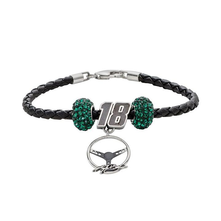 Insignia Collection Nascar Kyle Busch Leather Bracelet And Steering Wheel Charm And Crystal Bead Set, Women's, Size: 7.5, Green