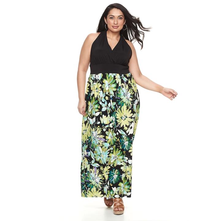 Plus Size Suite 7 Floral Halter Maxi, Women's, Size: 18 W, Black Green