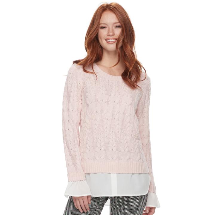 Women's Elle&trade; Mock-layer Cable Knit Sweater, Size: Medium, Light Pink
