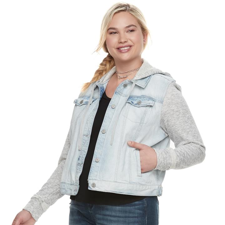 Juniors' Plus Size Mudd&reg; Knit-sleeve Denim Jacket, Teens, Size: 3xl, Blue