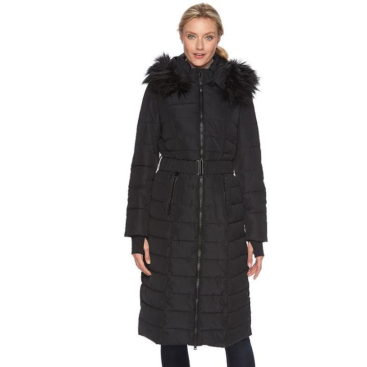 Women's Triple Star Hooded Long Puffer Jacket, Size: Small, Black