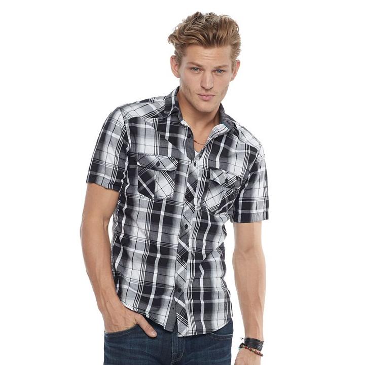 Men's Rock & Republic&reg; Plaid Stretch Button-down Shirt, Size: Large, Black