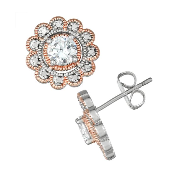 Cubic Zirconia Flower Two-tone Stud Earrings, Women's, White