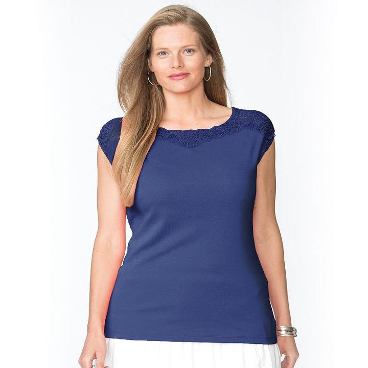Plus Size Chaps Lace-yoke Boatneck Tee, Women's, Size: 2xl, Blue (navy)