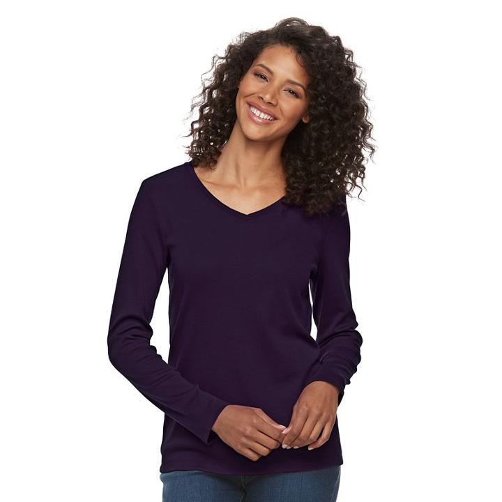 Women's Croft & Barrow&reg; Classic Long Sleeve V-neck Tee, Size: Medium, Drk Purple