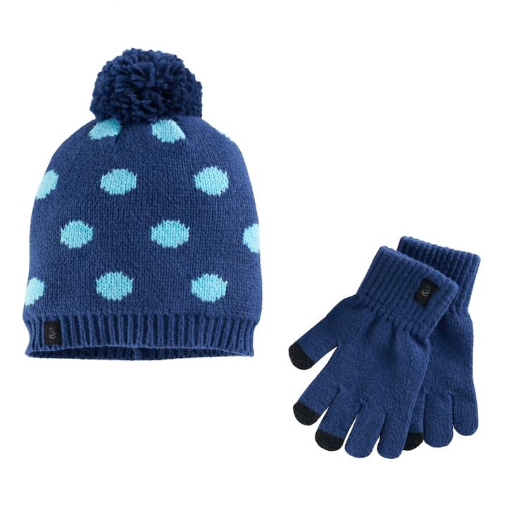 Girls Cuddl Duds Polka-dot Pattern Knit Beanie Hat & Gloves Set, Blue