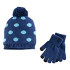 Girls Cuddl Duds Polka-dot Pattern Knit Beanie Hat & Gloves Set, Blue