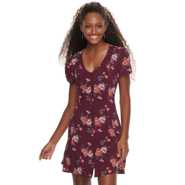 Juniors' Rewind Printed Button-front Swing Dress, Teens, Size: Large, Dark Red