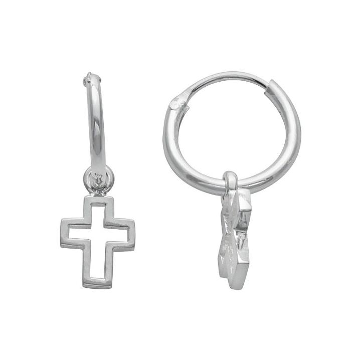 Itsy Bitsy Sterling Silver Cross Charm Hoop Earrings, Women's, Grey