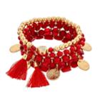 Red Beaded & Tasseled Stretch Bracelet Set, Women's