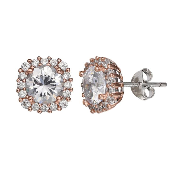Primrose Two Tone Sterling Silver Cubic Zirconia Square Stud Earrings, Women's, White