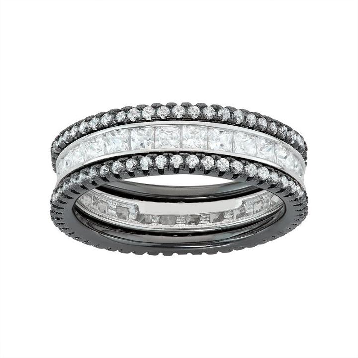 Two Tone Sterling Silver Cubic Zirconia Stackable Eternity Ring Set, Women's, Size: 7, White