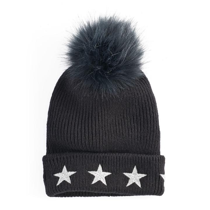 Madden Nyc Women's Embroidered Stars Pom Pom Beanie, Silver