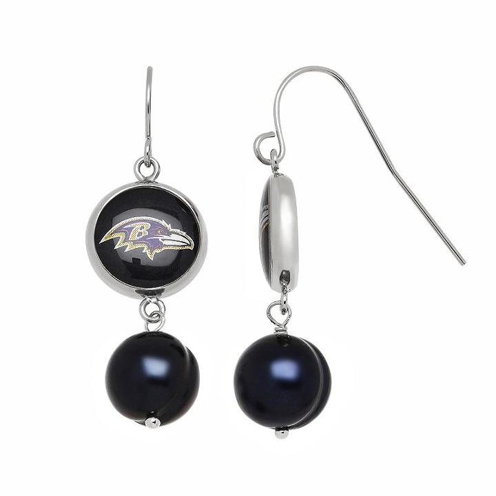Baltimore Ravens Dyed Freshwater Cultured Pearl Stainless Steel Team Logo Drop Earrings, Women's, Black