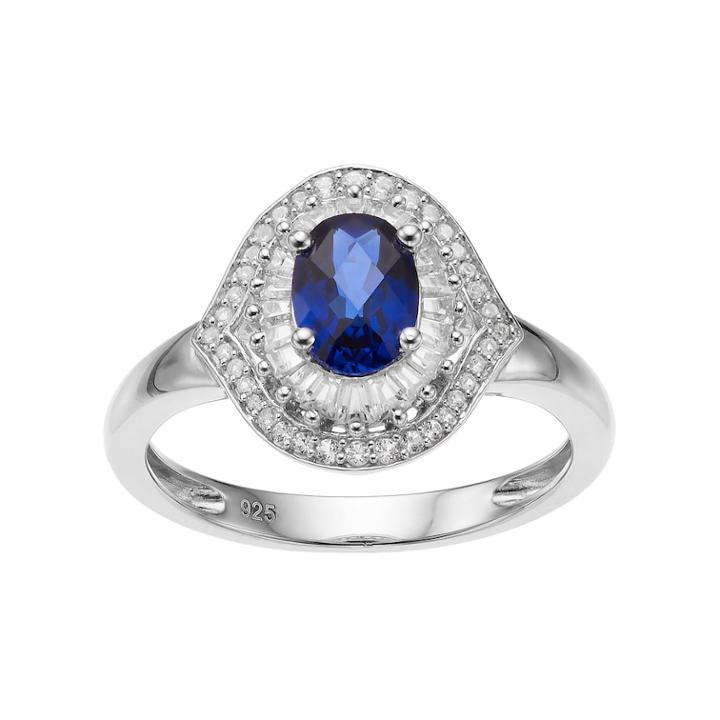 Sterling Silver Lab-created Blue & White Sapphire Oval Halo Ring, Women's, Size: 7