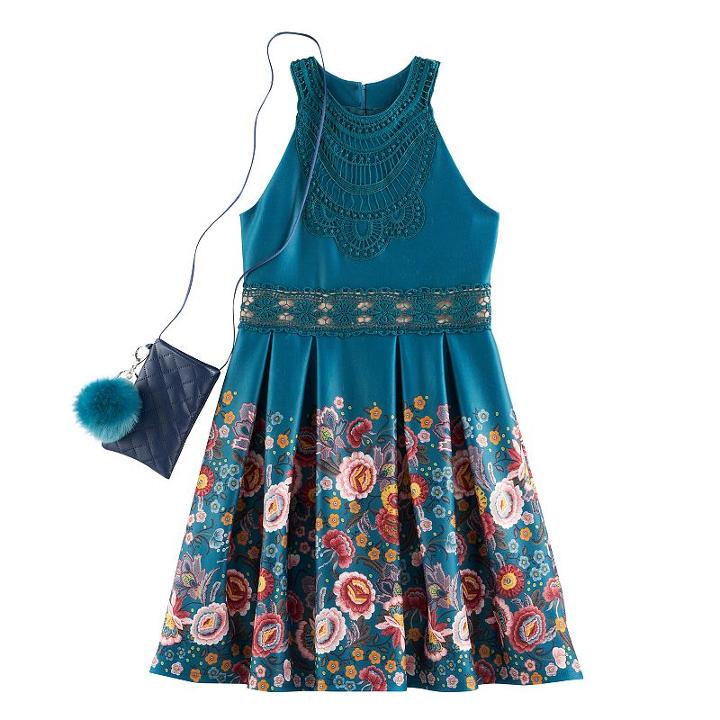 Girls 7-16 Knitworks Floral Border Highneck Skater Dress With Cell Phone Purse & Pom Keychain, Girl's, Size: 8, Med Green