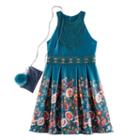 Girls 7-16 Knitworks Floral Border Highneck Skater Dress With Cell Phone Purse & Pom Keychain, Girl's, Size: 8, Med Green