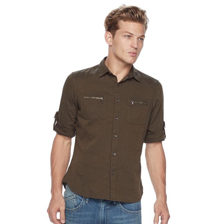 Men's Rock & Republic&reg; Herringbone Stretch Button-down Shirt, Size: Small, Dark Green